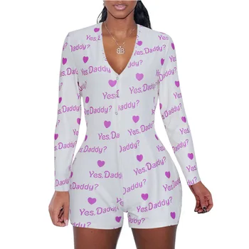 

Spring and Summer in Europe and America Sexy Deep V-neck Print Long-Sleeve Piece Shorts Party Jumpsuit Women