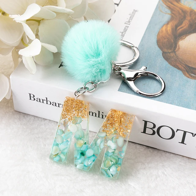 Pompom Puff Keychain W/ Resin Initial Letter Resin Add-ins Glitter