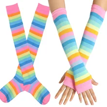 Fashion Slim Striped Women Stockings Set Party Anti Slip Long Gloves Elastic Over Knee Casual Cosplay Cotton Blend Rainbow Soft