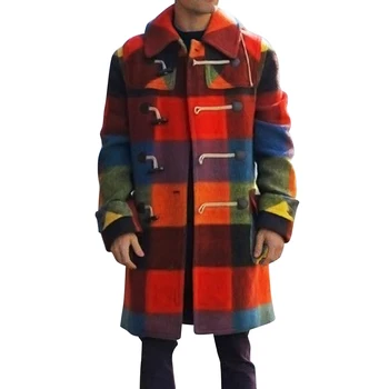 

Winter Warm Wool Jacket Vintage Plaid Check Men Coat With Pocket Casual Buckle Long Sleeve Overcoat Plus Size Male Outwear