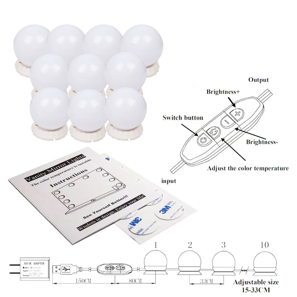 10 светодиодный s лампа Голливудский стиль зеркало для макияжа с подсветкой затемнения 3 режима USB штекер светодиодный зеркальная лампа комплект линз фара светильник для комода