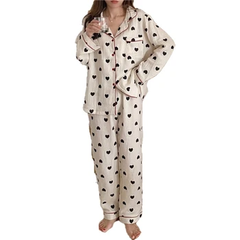 

Pajamas Women's Cotton Blended Spring Autumn Long-sleeved Cardigan Two-piece Love Casual Comfortable V-neck Home Service Sleep