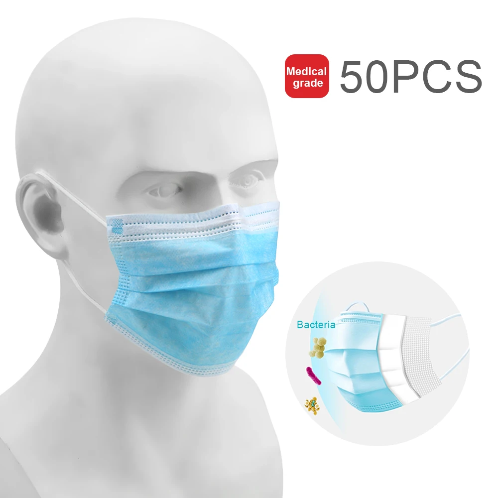 

Breathing Safety Face Mouth Masks Disposable Surgical Medical Earloops Masks Anti Influenza Virus Anti-Dust 3 Layer 50Pcs