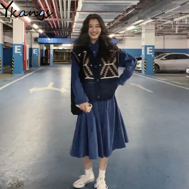 

Vintage 2pcs set Women Plus Size Blue Loose Long Dresses+Printed Buttons Sweater Vest suit Girls Long Sleeve Dress Robe Vestido