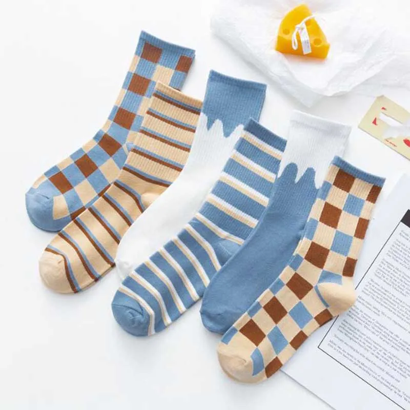 

Elegant Ankle Socks Women Cotton Plaid Stripe Pattern Patchwork color Blue White Classic Short Sock Casual Hajuruku Type
