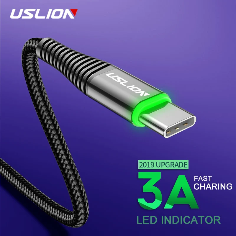 USLION светодиодный кабель 3 А usb type-C, кабель для быстрой зарядки для мобильного телефона samsung Xiaomi huawei type-C, USB-C кабель, шнур для зарядки 2 м