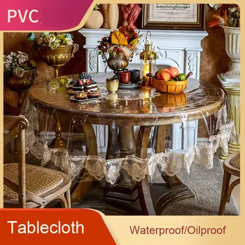 

Transparent Soft Glass PVC Round Tablecloth Waterproof Oilproof with Lace Kitchen Dinning Coffee Table Cover Anti-scalding Mat