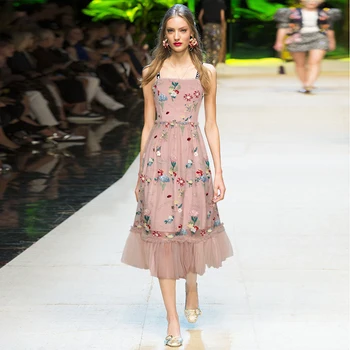 

Gedivoen Summer Fashion Short Dress Women Mesh Floral Embroidery Patchwork Pleated Ruffles Elegant Spaghetti Strap Dresses