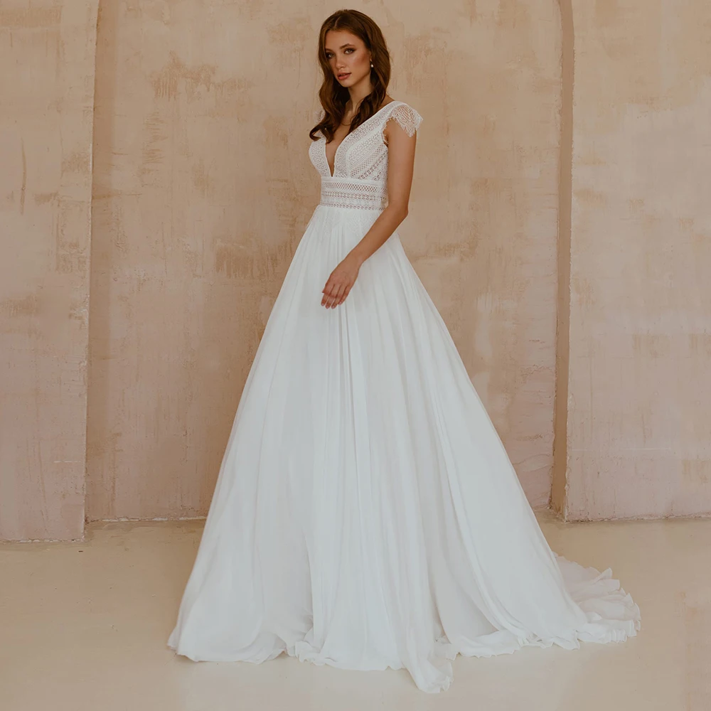 

Weilinsha Lace V Neck Wedding Dress 2023 Ladies Classic Sleeveless Cap Sleeve Court Train Chiffon Bridal Gowns Robe De Mariee