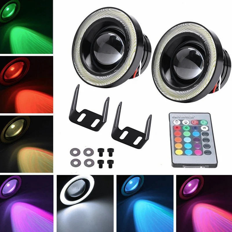 

2Pcs RGB 3.5 Inch Projector LED DRL Driving Bulbs Fog Light COB Halo Angel Eye Rings
