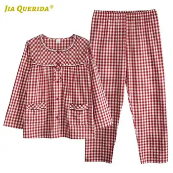 

Plaid Printing Crew Neck Pjs Woman Pajamas Set Woman 100% Cotton Fashion Style Casual Style Long Sleeve Long Pants Woman Clothes