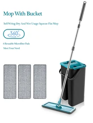 Squeeze Mop Bucket Wringer Set Flat Floor Mop Cleaning Wet Dry Upgraded Self-Balanced Easy Press 6 Washable Microfiber Mops Rags