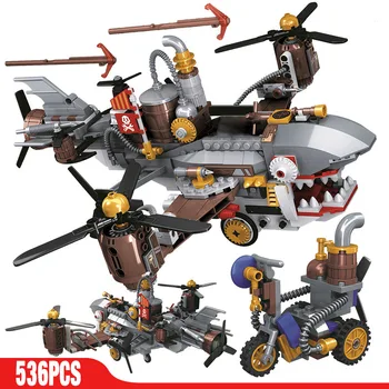 

Creator City Age Of Steam Series Pirate Shark Airship Building Blocks Lepining Military Aircraft Figures Bricks Toys Children