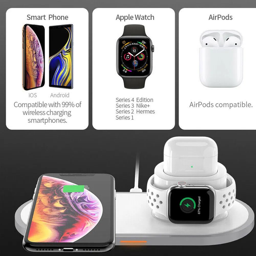 3 In1 QI Wireless Charger Dock Stand Fast Charge for iPhone Headsets Apple Watch VDX99