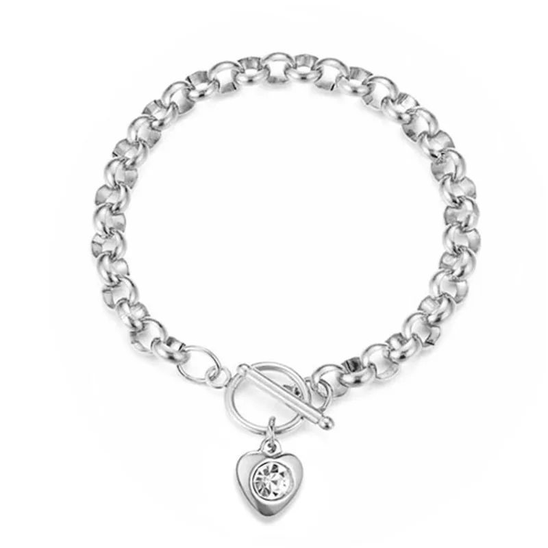 Rose Silver Gold Color Crystal Heart-shaped Charms Bracelet For Woman Stainless Steel Keel Chain Bracelet Fashion Jewelry Gifts