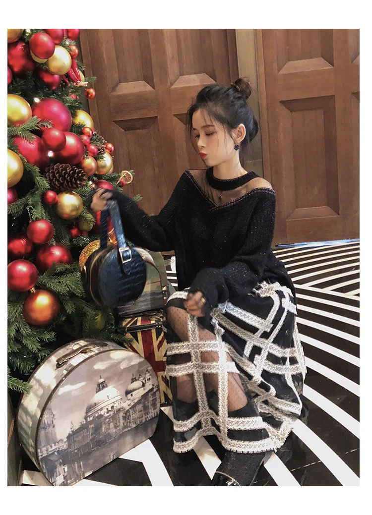 MISHOW autumn plaid pleated skirt women causal elastic waist mesh Mid-length black skirt MX18D1879