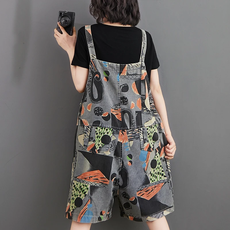 Vintage Denim Printed Overall Shorts Woman 2020 Summer High Waist Strap Jumpsuit Wide Leg Shorts Loose Casual Playsuit Rompers
