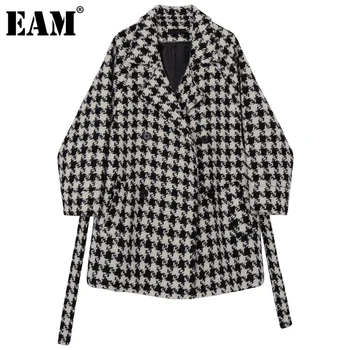 

[EAM] Loose Fit Big Size Black Vintage Plaid Woolen Coat Parkas New Long Sleeve Women Fashion Tide Autumn Winter 2020 1DD0390