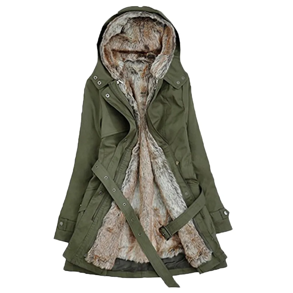 Модные женские зимние пальто на подкладке из искусственного меха, теплые длинные куртки с хлопковой подкладкой, парки, женские пальто с капюшоном, верхняя одежда с поясом FA