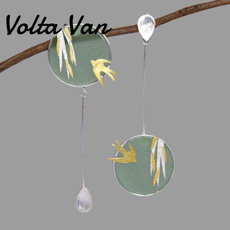 

Volta Van 925 Sterling Silver Aventurine Drop Earrings Pendientes Plata 2022 New Vintage Willow Leaves Swallow Elegant Earrings