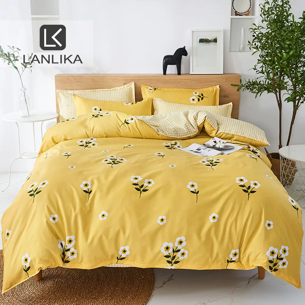 Lanlika Cartoon Bedding Set Yellow Home Nordic Bedspread Duvet Cover Flat Sheet Double Queen King Size Decor Bedroom Gift k | Дом и сад
