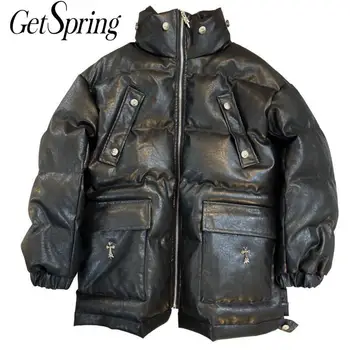 

GetSpring Women Parka Black PU Woman Winter Coats And Jackets Thickened Long Sleeve Stand Collar Woman Tops Fashion Black Parkas