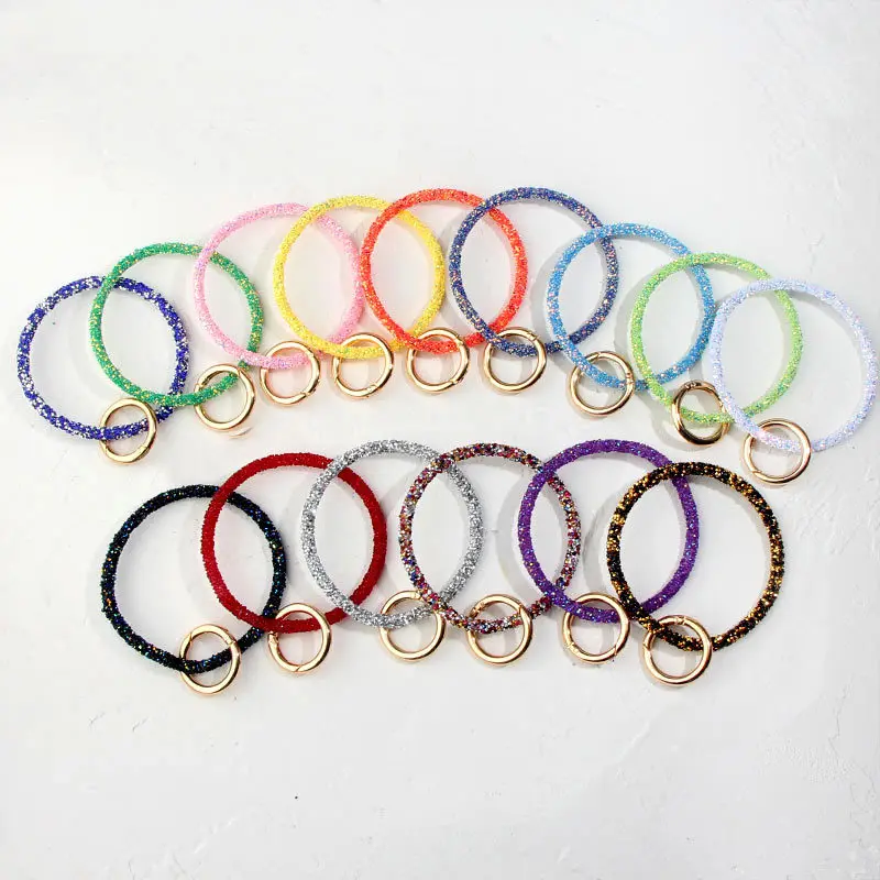 

2019 New Fashion Custom Keychain Silicone O Key Chain Circle Wristlet Keychain with glitter pieces For Women Girls