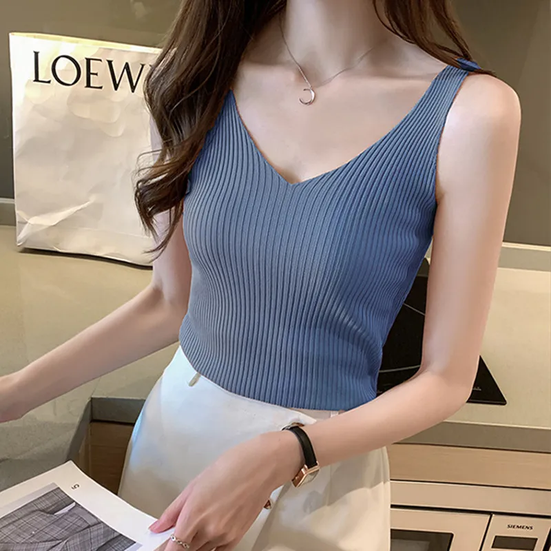 Korean Fashion Women Tank Tops Sexy Halter Top Lady Ice Silk V-neck Camis Top Plus Size Woman Knitted Sleeveless Camis Tees Tops