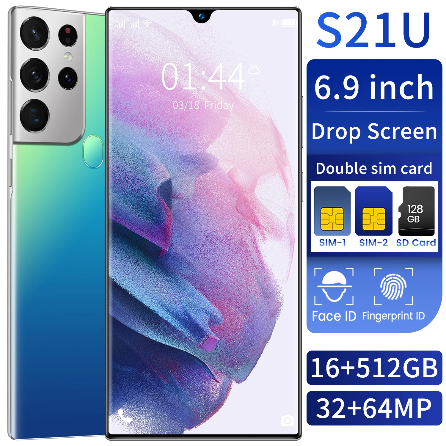 Smartphone Galax S21U Global Version MTK6889+ Deca Core Camera 64MP 16G+512G Memery 6.7 Inch HD Screen 6800mAh 5G Mobile Phone