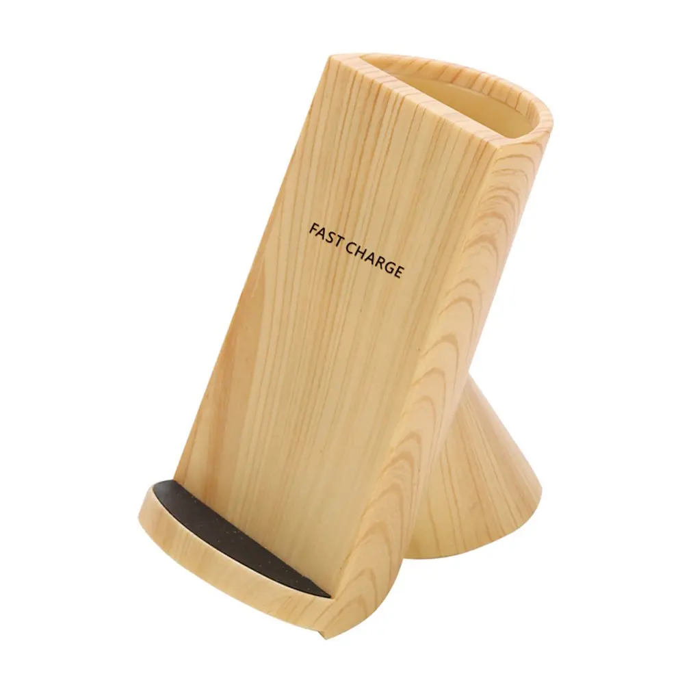 

10W QI Standard Apple / Android Wireless Fast Charger, Mobile Vertical Wood Wireless Charger
