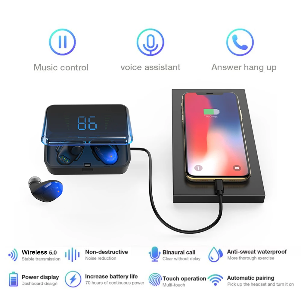 Градиентные беспроводные наушники вкладыши Bluetooth V5.0 с силовым цифровым дисплеем