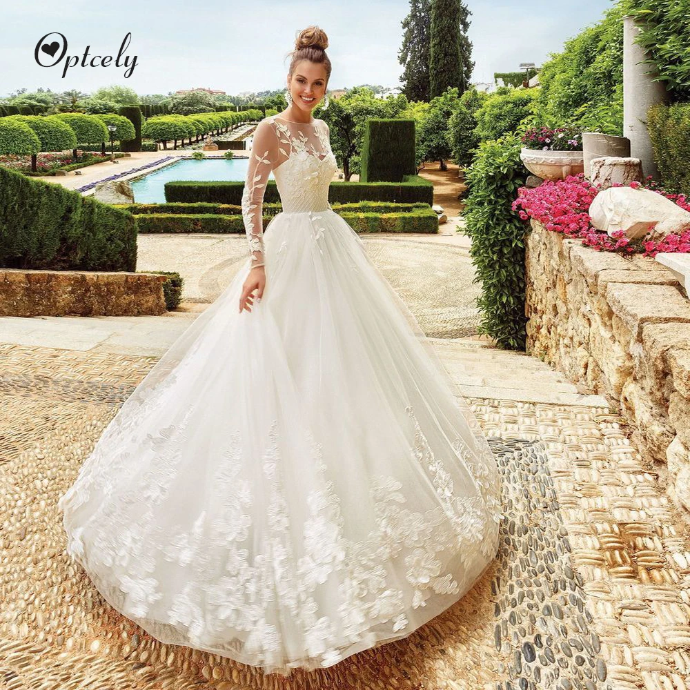 Optcely Vestido de Noiva винтажное свадебное платье трапециевидной формы с круглым вырезом и длинным рукавом из тюля с аппликацией в виде шлейфа с бисером