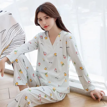

Casual Striped Cotton Pajamas Sets For Women 2020 Autumn Long Sleeve Sexy V-neck Pyjamas Pijamas Female Lounge Homewear Clothing