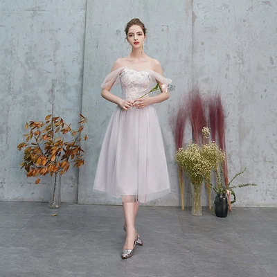 Свадебная вечеринка элегантное платье невесты Vestidos вышивка плюс Размеры Тюль Чай-Длина пикантные серый розовый Младший платье на выпускной "принцесса"