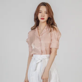 

Sexy Deep V-neck Shiny Blouse Women Satin puffed Sleeves Blouse Shirts Elegant Office Lady Summer Blusa Tops