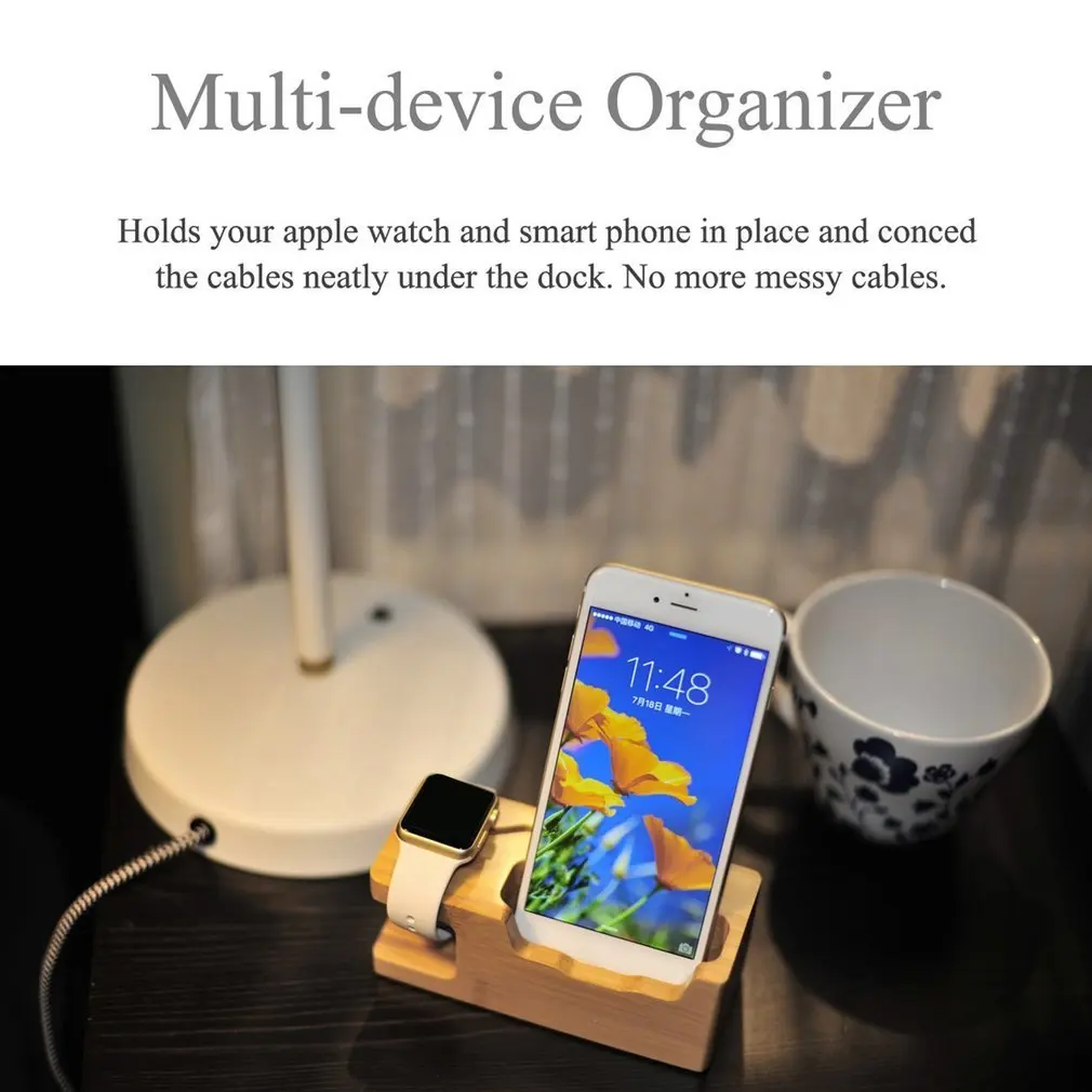 for iPhone for Apple Watch Bamboo Charging Dock Charger Station Desk Stand Holder for Apple Watch with 3 USB Ports+pen