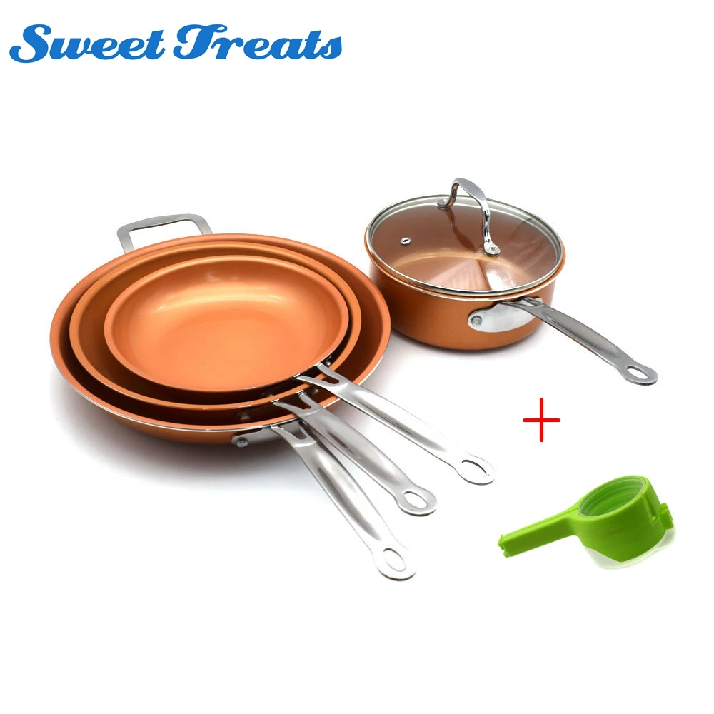 Sweettreats A Set 8/10/12 inch Non stick Copper Frying Pan +Mini Milk Heating Pan+1 pc Utility
