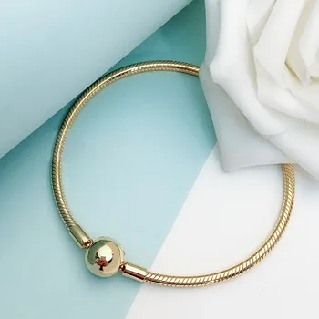 

Authentic 925 Sterling Silver Pan Bracelet Classic Clasp Snake Bone Classic Yellow Base Bracelet Fit Diy Charm Women Jewelry