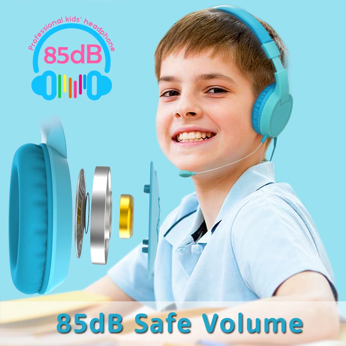 JINSERTA Wired Kids Headphones 85DB Volume Limited Hearing Protection Headphones with Detachable microphone for Girls Boys Gift