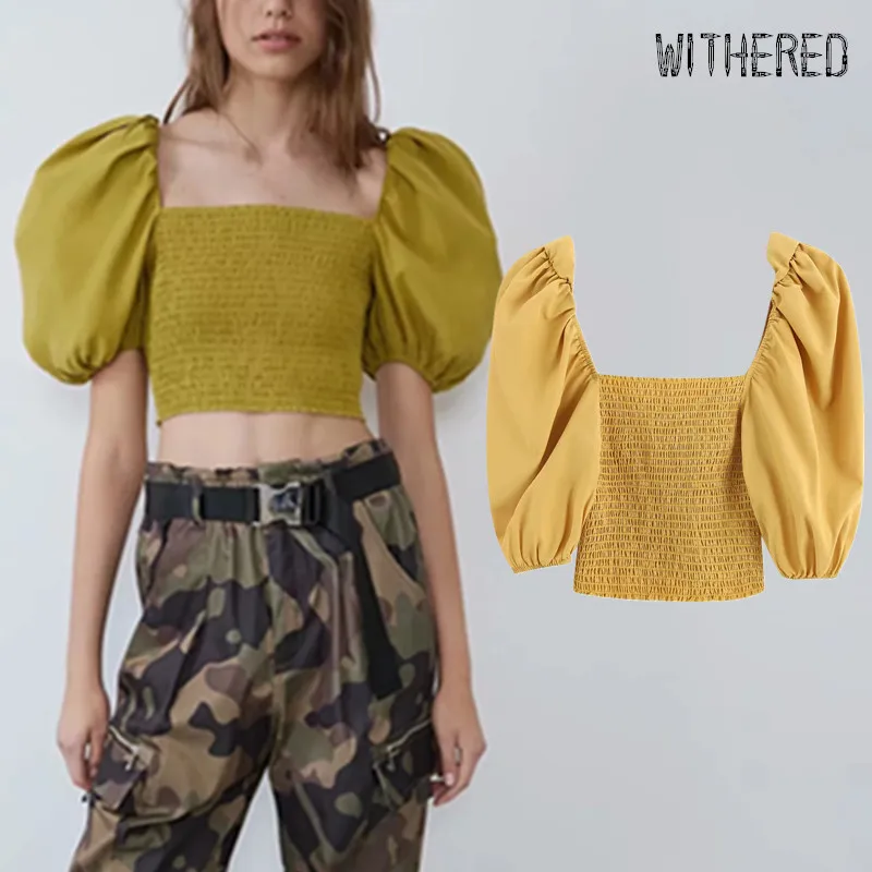

Withered high street puff sleeve square collar short kimono blouse women blusas mujer de moda 2019 shirt womens tops and blouses