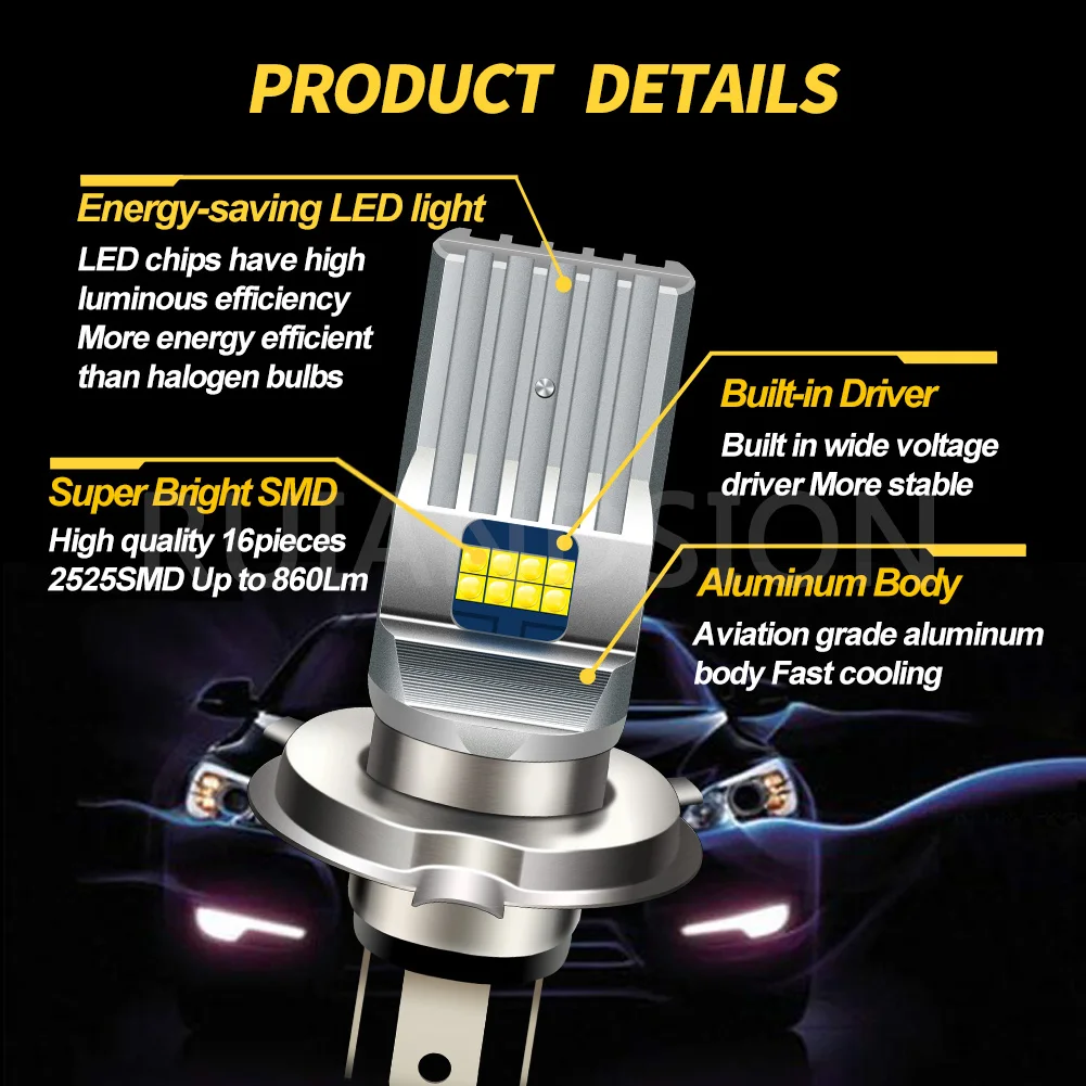 RUIANDSION 1Pcs 9003 HB2 HS1 P43T P45T R2 H4 LED Headlight Motorcycle Headlamp Bulb 860Lm High Low Beam Non Polar 6V-24V 12V