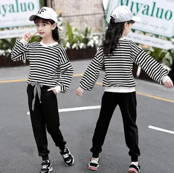 

2020 Children Clothing Spring Autumn Stripe T-shirts + Dress Girls Clothing Sets Striped Teen Clothes For Girls 8 10 12 13 Years