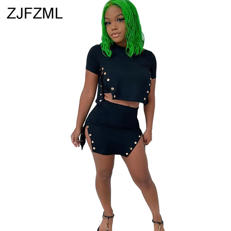 

Buttons Sexy Two Piece Skirt Set Women Clothes O Neck Short Sleeve Black Crop Top + Double Split Mini Skirts Summer 2 Pcs Outfit