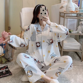 

Autumn and winter Ladies Pajamas Set Simple Style Floral Printed Loose Sleepwear Women Full Cotton Cardigan+Pants Homewear