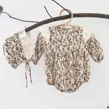 

Infant Bodysuit Cute Floral Printed Autumn Long Sleeve Cotton Newborn Girls Jumpsuit With Hat Baby Girl Outfits