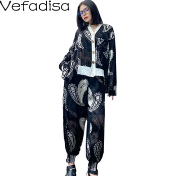 

Vefadisa Hollow Out Floral Print Women Set 2020 Summer Long Sleeve Top + Ankle-Length Pants Women 2 Piece Set Loose QYF3338