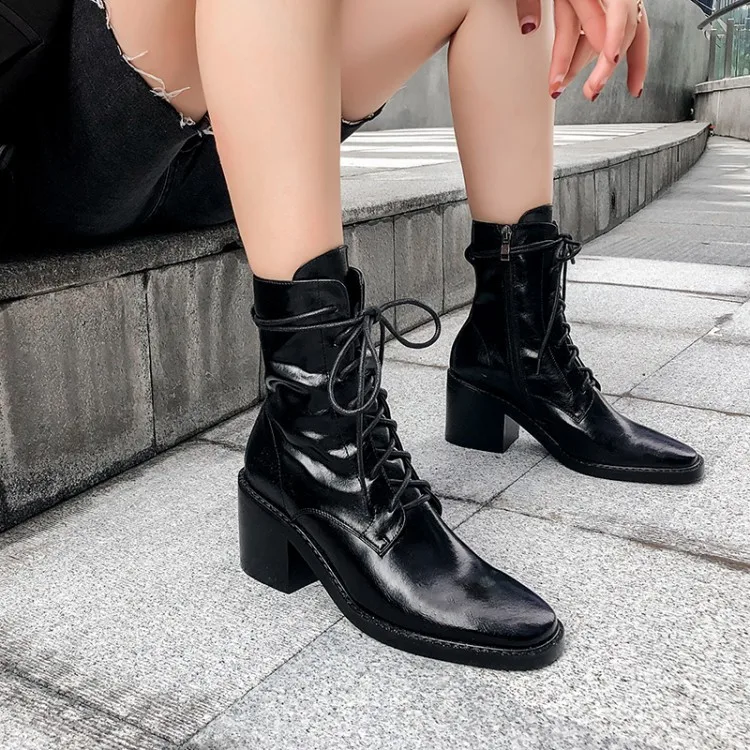 

Handcrafted high-end leather women's boots trend square head tie with Martin boots short boots