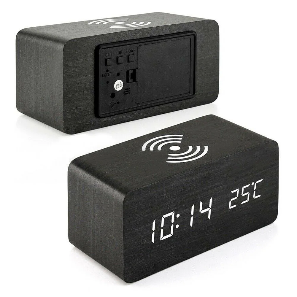 Современный двойной подарок питания USB Домашний цифровой дисплей стол Голосовое управление многофункциональное Qi Беспроводное зарядное устройство Деревянные Часы светодиодный Будильник