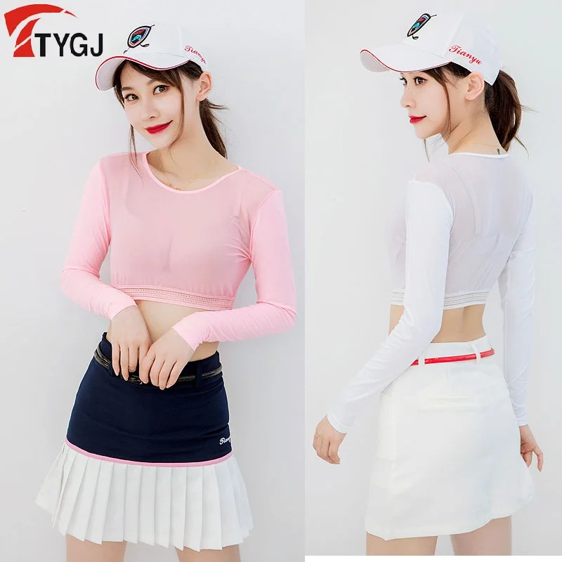 Women Golf Polo Shirt Women Thin Golf Shirts Sunscreen Inside Wear Cropped Tops Long Sleeve Anti-Uv Arm Sleeve Ice Silk