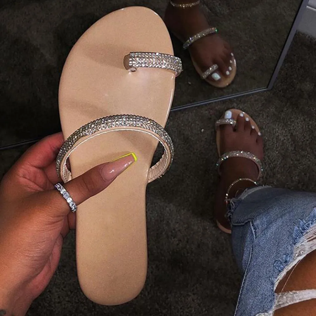 

SAGACE Fashion Women's Slippers Shining Rhinestones Crystal Roman Ladies Casual Outdoor Flat Flip Flops 2020 Summer Beach Shoes